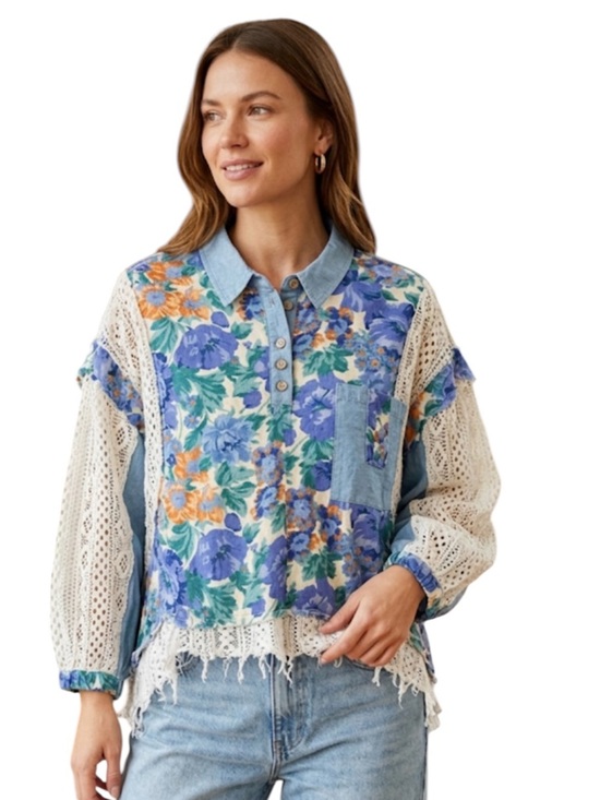 POL Tops - POL Boho Floral Patchwork Blouse Blue Chambray Crochet Lace 1/4 Button L
V